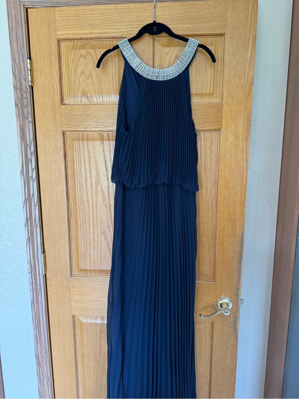Navy Pleated Maxi Dress with Beaded Collar